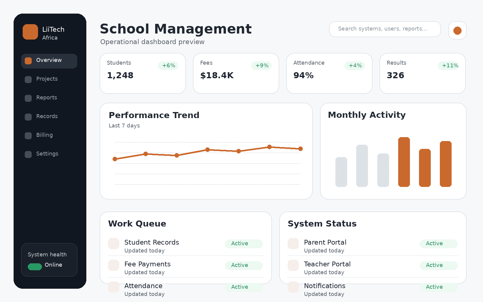 education / records software dashboard preview showing a structured digital product interface.