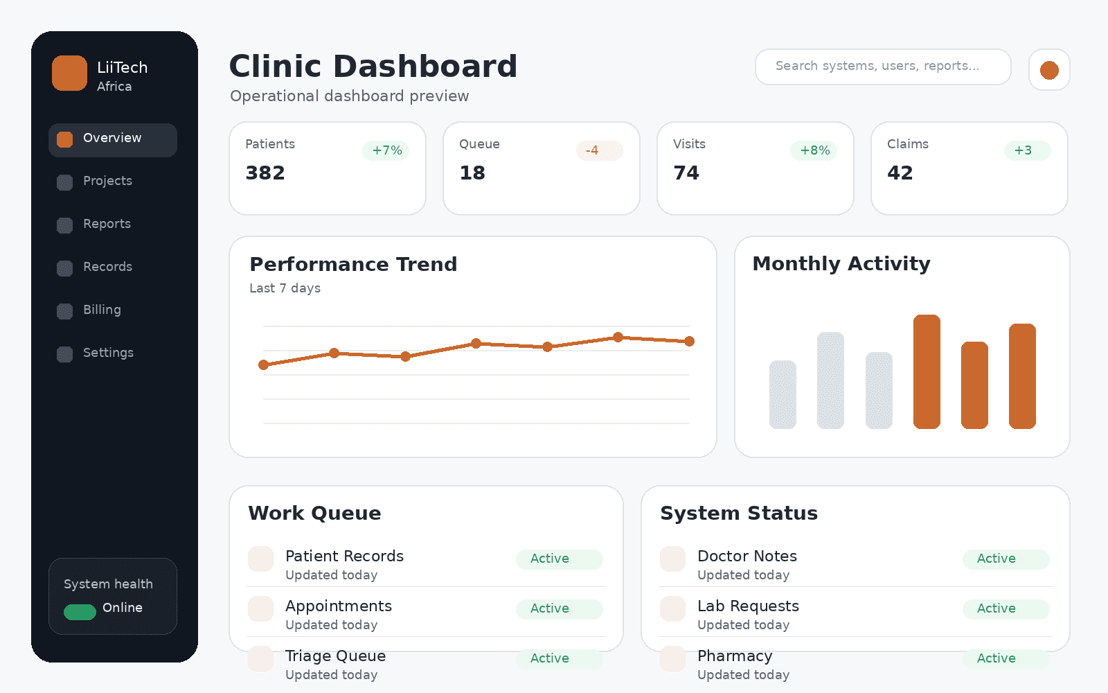 healthcare / clinic software dashboard preview showing a structured digital product interface.